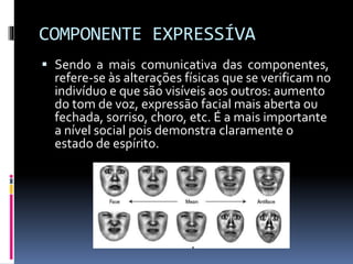 COMPONENTE EXPRESSÍVA
 Sendo a mais comunicativa das componentes,
refere-se às alterações físicas que se verificam no
indivíduo e que são visíveis aos outros: aumento
do tom de voz, expressão facial mais aberta ou
fechada, sorriso, choro, etc. É a mais importante
a nível social pois demonstra claramente o
estado de espírito.
 