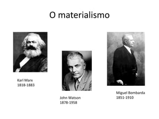 O materialismo




Karl Marx
1818-1883
                             Miguel Bombarda
              John Watson    1851-1910
              1878-1958
 
