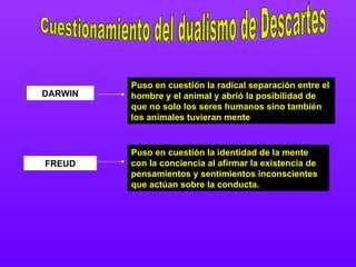 Cuestionamiento del dualismo de Descartes Puso en cuestión la radical separación entre el hombre y el animal y abrió la posibilidad de que no solo los seres humanos sino también los animales tuvieran mente  DARWIN Puso en cuestión la identidad de la mente con la conciencia al afirmar la existencia de pensamientos y sentimientos inconscientes que actúan sobre la conducta.  FREUD 