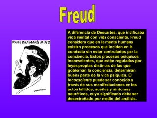 A diferencia de Descartes, que indificaba vida mental con vida consciente, Freud considera que en la mente humana existen procesos que inciden en la conducta sin estar controlados por la conciencia. Estos procesos psíquicos inconscientes, que están regulados por leyes propias distintas de las que gobiernan la conciencia, determinan buena parte de la vida psíquica. El  inconsciente  puede ser conocido a través de sus manifestaciones en los actos fallidos, sueños y síntomas neuróticos, cuyo significado debe ser desentrañado por medio del análisis.   Freud 