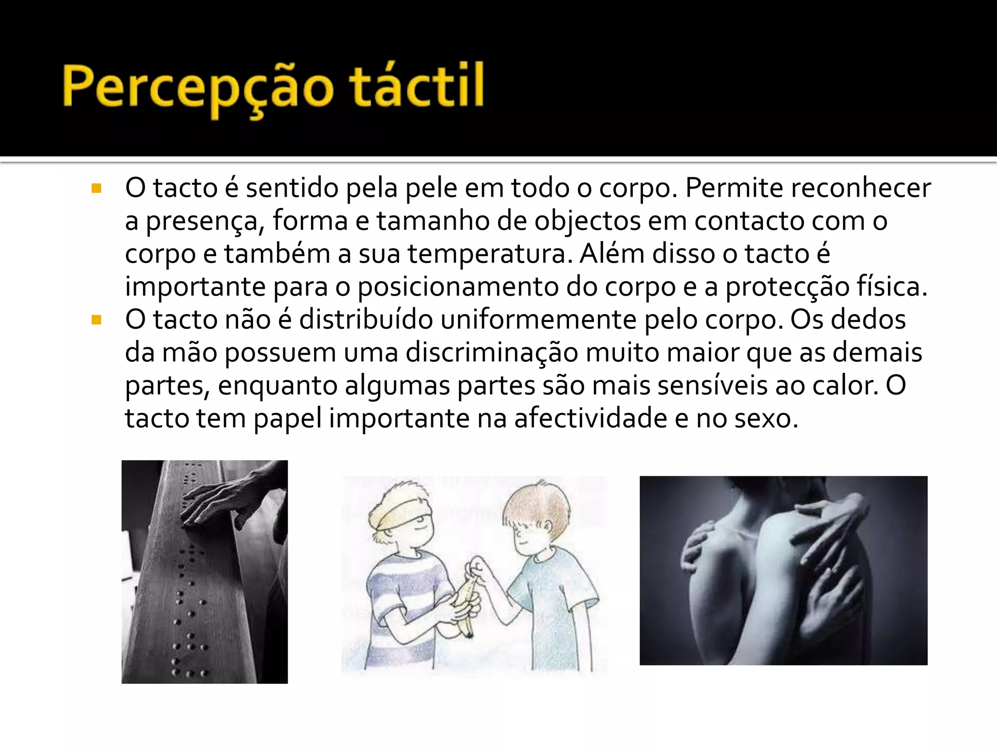 O tacto é sentido pela pele em todo o corpo. Permite reconhecer
  a presença, forma e tamanho de objectos em contacto com o
  corpo e também a sua temperatura. Além disso o tacto é
  importante para o posicionamento do corpo e a protecção física.
 O tacto não é distribuído uniformemente pelo corpo. Os dedos
  da mão possuem uma discriminação muito maior que as demais
  partes, enquanto algumas partes são mais sensíveis ao calor. O
  tacto tem papel importante na afectividade e no sexo.
 