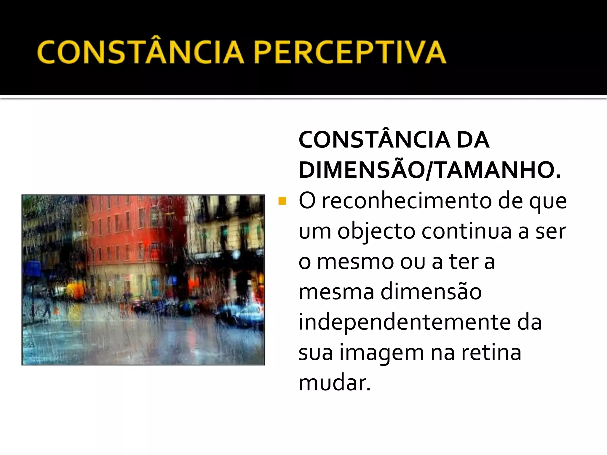 CONSTÂNCIA DA
    DIMENSÃO/TAMANHO.
   O reconhecimento de que
    um objecto continua a ser
    o mesmo ou a ter a
    mesma dimensão
    independentemente da
    sua imagem na retina
    mudar.
 