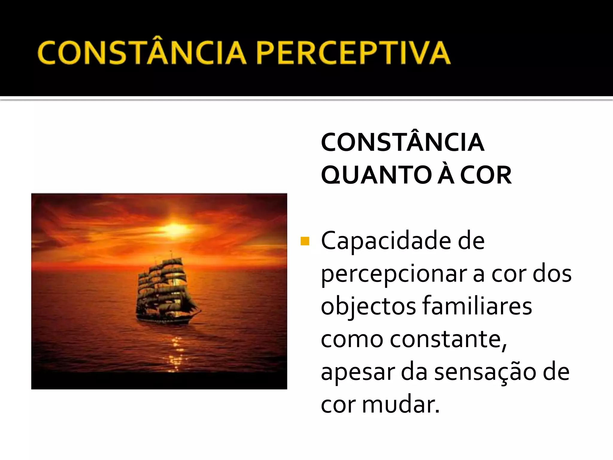 CONSTÂNCIA
    QUANTO À COR

   Capacidade de
    percepcionar a cor dos
    objectos familiares
    como constante,
    apesar da sensação de
    cor mudar.
 