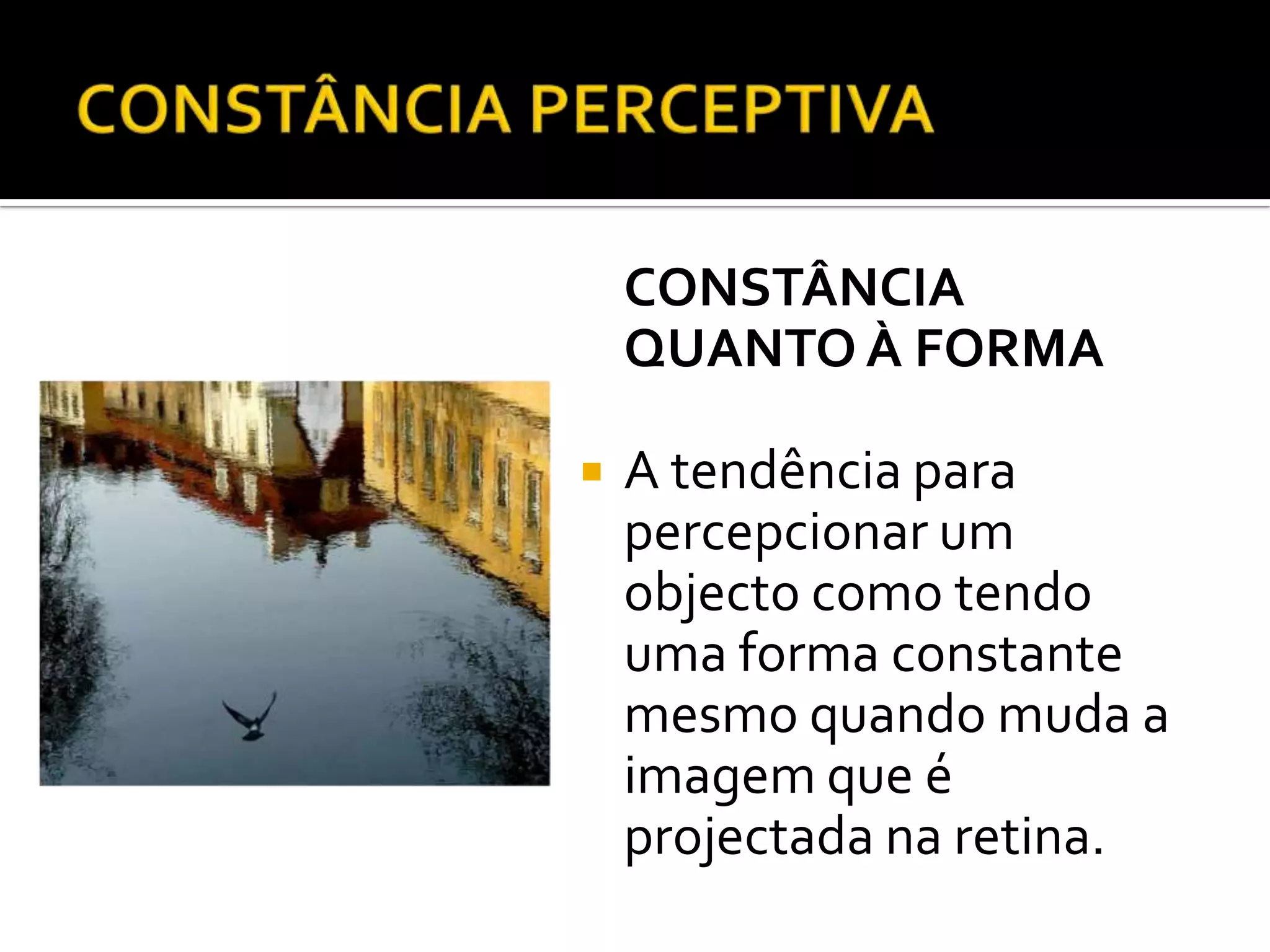 CONSTÂNCIA
    QUANTO À FORMA

   A tendência para
    percepcionar um
    objecto como tendo
    uma forma constante
    mesmo quando muda a
    imagem que é
    projectada na retina.
 