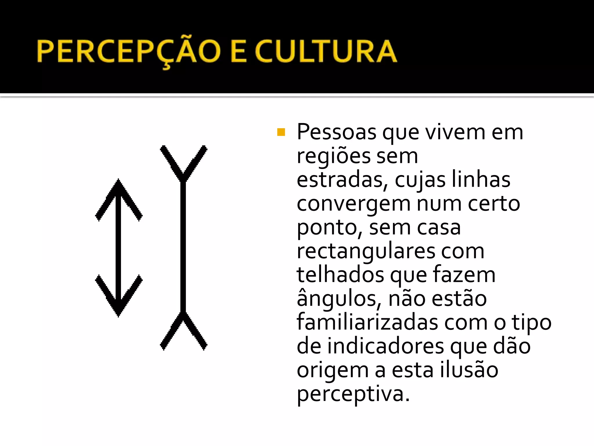    Pessoas que vivem em
    regiões sem
    estradas, cujas linhas
    convergem num certo
    ponto, sem casa
    rectangulares com
    telhados que fazem
    ângulos, não estão
    familiarizadas com o tipo
    de indicadores que dão
    origem a esta ilusão
    perceptiva.
 