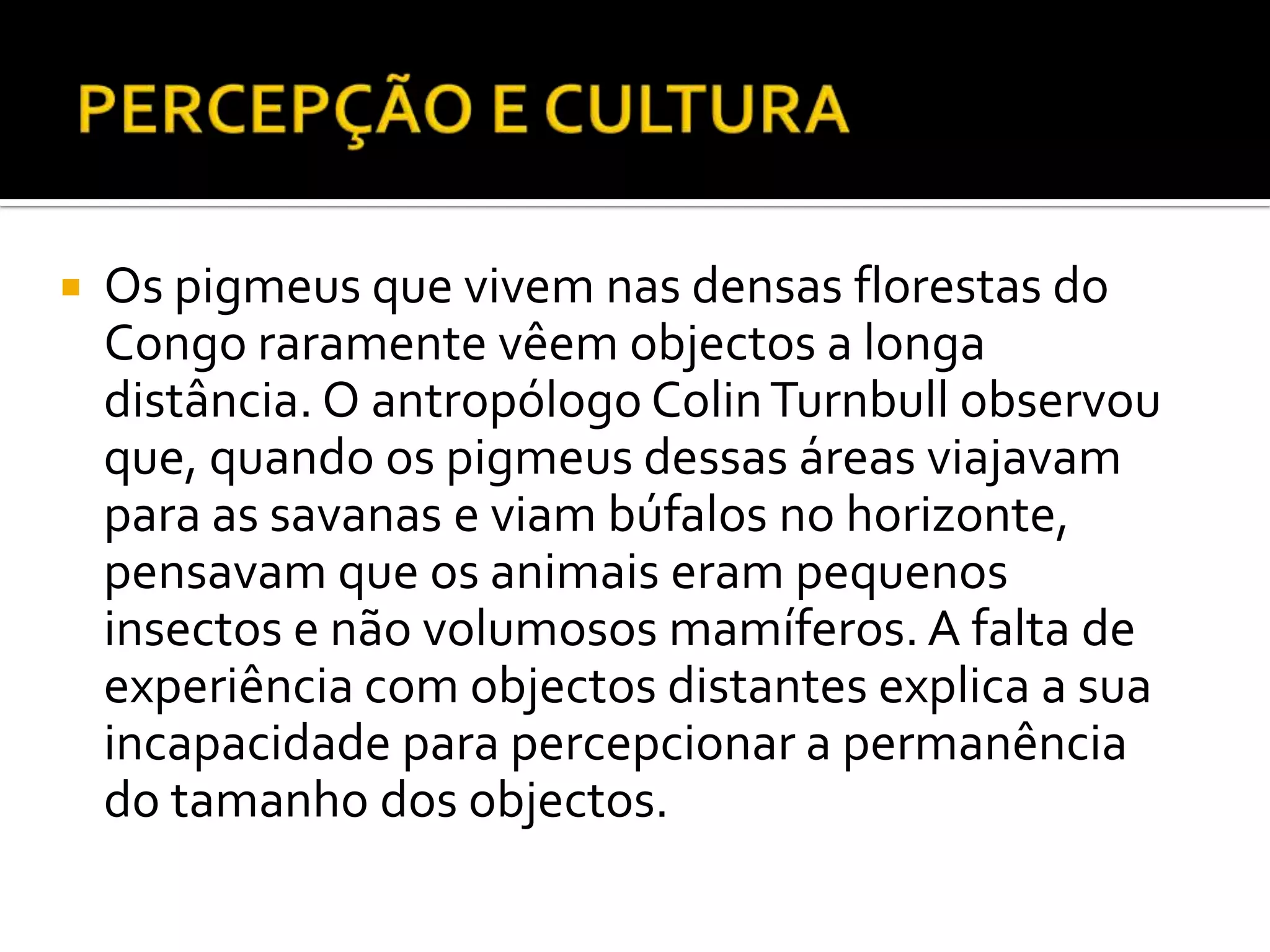    Os pigmeus que vivem nas densas florestas do
    Congo raramente vêem objectos a longa
    distância. O antropólogo Colin Turnbull observou
    que, quando os pigmeus dessas áreas viajavam
    para as savanas e viam búfalos no horizonte,
    pensavam que os animais eram pequenos
    insectos e não volumosos mamíferos. A falta de
    experiência com objectos distantes explica a sua
    incapacidade para percepcionar a permanência
    do tamanho dos objectos.
 