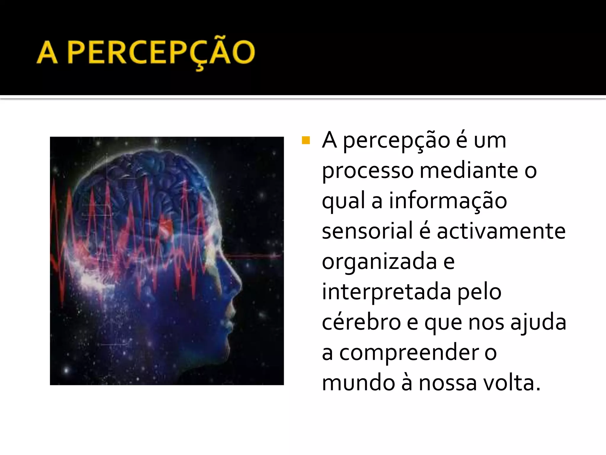    A percepção é um
    processo mediante o
    qual a informação
    sensorial é activamente
    organizada e
    interpretada pelo
    cérebro e que nos ajuda
    a compreender o
    mundo à nossa volta.
 