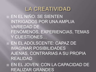 LA CREATIVIDADEN EL NIÑO: SE SIENTEN INTRIGADOS POR UNA AMPLIA VARIEDAD DE FENÓMENOS, EXPERIENCIAS, TEMAS Y CUESTIONES…EN EL ADOLSCENTE: CAPAZ DE IMAGINAR POSIBILIDADES AJENAS, CONTRARIAS A SU PROPIA REALIDADEN EL JOVEN: CON LA CAPACIDAD DE REALIZAR GRANDES DESCUBRIMIENTOS.