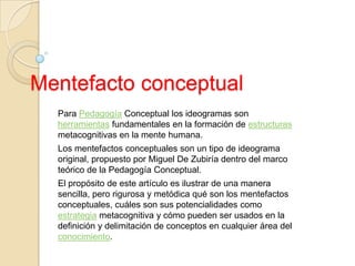 Mentefacto conceptual
  Para Pedagogía Conceptual los ideogramas son
  herramientas fundamentales en la formación de estructuras
  metacognitivas en la mente humana.
  Los mentefactos conceptuales son un tipo de ideograma
  original, propuesto por Miguel De Zubiría dentro del marco
  teórico de la Pedagogía Conceptual.
  El propósito de este artículo es ilustrar de una manera
  sencilla, pero rigurosa y metódica qué son los mentefactos
  conceptuales, cuáles son sus potencialidades como
  estrategia metacognitiva y cómo pueden ser usados en la
  definición y delimitación de conceptos en cualquier área del
  conocimiento.
 