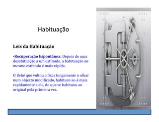 Habituação	
  

Leis	
  da	
  Habituação	
  

• Recuperação	
  Espontânea:	
  Depois	
  de	
  uma	
  
desabituação	
  a	
  um	
  estímulo,	
  a	
  habituação	
  ao	
  
mesmo	
  estímulo	
  é	
  mais	
  rápida.	
  

O	
  Bebé	
  que	
  voltou	
  a	
  Kixar	
  longamente	
  o	
  olhar	
  
num	
  objecto	
  modiKicado,	
  habituar-­‐se-­‐á	
  mais	
  
rapidamente	
  a	
  ele,	
  do	
  que	
  se	
  habituou	
  ao	
  	
  
original	
  pela	
  primeira	
  vez.
 