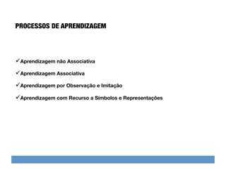PROCESSOS DE APRENDIZAGEM 



 Aprendizagem não Associativa
 Aprendizagem Associativa
 Aprendizagem por Observação e Imitação
 Aprendizagem com Recurso a Símbolos e Representações
 