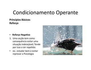 Condicionamento	
  Operante	
  
Princípios	
  Básicos	
  
Reforço	
  



•  Reforço	
  Nega5vo	
  
1.  Uma	
  acção	
  tem	
  como	
  
    consequência	
  evitar	
  uma	
  
    situação	
  indesejável;	
  Tende	
  
    por	
  isso	
  a	
  ser	
  repeGda:	
  	
  
•  ex.:	
  estudar	
  bem	
  e	
  evitar	
  
    reprovar	
  a	
  Psicologia	
  
 