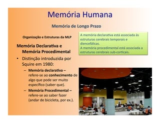 Memória	
  Humana	
  
                              Memória	
  de	
  Longo	
  Prazo	
  
                                                        A	
  memória	
  declara7va	
  está	
  associada	
  às	
  
   Organização	
  e	
  Estruturas	
  da	
  MLP	
  
                                                        estruturas	
  cerebrais	
  temporais	
  e	
  
                                                        diencefálicas.	
  
Memória	
  Declara7va	
  e	
                            A	
  memória	
  procedimental	
  está	
  associada	
  a	
  
   Memória	
  Procedimental	
                           estruturas	
  cerebrais	
  sub-­‐cor7cais.	
  
•  Dis7nção	
  introduzida	
  por	
  
   Squire	
  em	
  1980:	
  
    –  Memória	
  declara7va	
  –	
  
       refere-­‐se	
  ao	
  conhecimento	
  de	
  
       algo	
  que	
  pode	
  ser	
  muito	
  
       especíﬁco	
  (saber	
  que).	
  
    –  Memória	
  Procedimental	
  –	
  
       refere-­‐se	
  ao	
  saber	
  fazer	
  
       (andar	
  de	
  bicicleta,	
  por	
  ex.).	
  
 