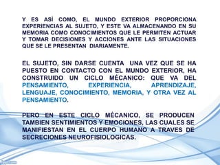 Y ES ASÍ COMO, EL MUNDO EXTERIOR PROPORCIONA
EXPERIENCIAS AL SUJETO, Y ESTE VA ALMACENANDO EN SU
MEMORIA COMO CONOCIMIENTOS QUE LE PERMITEN ACTUAR
Y TOMAR DECISIONES Y ACCIONES ANTE LAS SITUACIONES
QUE SE LE PRESENTAN DIARIAMENTE.


EL SUJETO, SIN DARSE CUENTA UNA VEZ QUE SE HA
PUESTO EN CONTACTO CON EL MUNDO EXTERIOR, HA
CONSTRUIDO UN CICLO MÉCANICO: QUE VA DEL
PENSAMIENTO,      EXPERIENCIA,    APRENDIZAJE,
LENGUAJE, CONOCIMIENTO, MEMORIA, Y OTRA VEZ AL
PENSAMIENTO.

PERO EN ESTE CICLO MÉCANICO, SE PRODUCEN
TAMBIEN SENTIMIENTOS Y EMOCIONES, LAS CUALES SE
MANIFIESTAN EN EL CUERPO HUMANO A TRAVES DE
SECRECIONES NEUROFISIOLOGICAS.
 