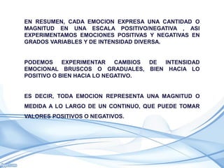 EN RESUMEN, CADA EMOCION EXPRESA UNA CANTIDAD O
MAGNITUD EN UNA ESCALA POSITIVO/NEGATIVA , ASI
EXPERIMENTAMOS EMOCIONES POSITIVAS Y NEGATIVAS EN
GRADOS VARIABLES Y DE INTENSIDAD DIVERSA.


PODEMOS     EXPERIMENTAR    CAMBIOS DE INTENSIDAD
EMOCIONAL BRUSCOS O GRADUALES, BIEN HACIA LO
POSITIVO O BIEN HACIA LO NEGATIVO.


ES DECIR, TODA EMOCION REPRESENTA UNA MAGNITUD O
MEDIDA A LO LARGO DE UN CONTINUO, QUE PUEDE TOMAR
VALORES POSITIVOS O NEGATIVOS.
 