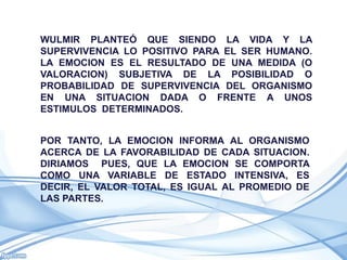 WULMIR PLANTEÓ QUE SIENDO LA VIDA Y LA
SUPERVIVENCIA LO POSITIVO PARA EL SER HUMANO.
LA EMOCION ES EL RESULTADO DE UNA MEDIDA (O
VALORACION) SUBJETIVA DE LA POSIBILIDAD O
PROBABILIDAD DE SUPERVIVENCIA DEL ORGANISMO
EN UNA SITUACION DADA O FRENTE A UNOS
ESTIMULOS DETERMINADOS.


POR TANTO, LA EMOCION INFORMA AL ORGANISMO
ACERCA DE LA FAVORABILIDAD DE CADA SITUACION.
DIRIAMOS PUES, QUE LA EMOCION SE COMPORTA
COMO UNA VARIABLE DE ESTADO INTENSIVA, ES
DECIR, EL VALOR TOTAL, ES IGUAL AL PROMEDIO DE
LAS PARTES.
 