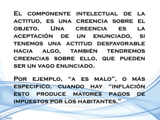 El componente intelectual de la
actitud, es una creencia sobre el
objeto.   Una   creencia   es  la
aceptación de un enunciado, si
tenemos una actitud desfavorable
hacia   algo,  también  tendremos
creencias sobre ello, que pueden
ser un vago enunciado.

Por ejemplo, “a es malo”, o más
especifico, cuando hay “inflación
esto produce mayores pagos de
impuestos por los habitantes.”
 