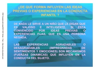 ¿DE QUE FORMA INFLUYEN LAS IDEAS
                                                                         PREVIAS O EXPERIENCIAS EN LA CONDUCTA
PDF Created with deskPDF PDF Writer - Trial :: http://www.docudesk.com




                                                                                       INFANTIL ?

                                                                         DE NADA LE SIRVE A UN NIÑO QUE LE DIGAN QUE
                                                                         ES   VALIOSO   E    INTELIGENTE,   SI  ESTA
                                                                         CONVENCIDO     POR     IDEAS   PREVIAS    O
                                                                         EXPERIENCIAS FIJAS, QUE ES UNA PERSONA
                                                                         NEGADA.

                                                                         LAS     EXPERIENCIAS     AGRADABLES    O
                                                                         DESAGRADABLES        (IMPREGNADAS     DE
                                                                         SENTIMIENTOS Y EMOCIONES) SON MECANISMOS
                                                                         (FUERZAS DINAMICAS) QUE INFLUYEN EN LA
                                                                         CONDUCTA DEL SUJETO.
 