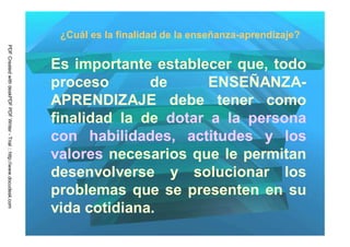 ¿Cuál es la finalidad de la enseñanza-aprendizaje?
PDF Created with deskPDF PDF Writer - Trial :: http://www.docudesk.com




                                                                         Es importante establecer que, todo
                                                                         proceso       de      ENSEÑANZA-
                                                                         APRENDIZAJE debe tener como
                                                                         finalidad la de dotar a la persona
                                                                         con habilidades, actitudes y los
                                                                         valores necesarios que le permitan
                                                                         desenvolverse y solucionar los
                                                                         problemas que se presenten en su
                                                                         vida cotidiana.
 