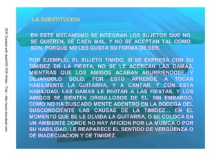 LA SUBSTITUCION
PDF Created with deskPDF PDF Writer - Trial :: http://www.docudesk.com




                                                                         EN ESTE MECANISMO SE INTEGRAN LOS SUJETOS QUE NO
                                                                         SE QUIEREN, SE CAEN MAL, Y NO SE ACEPTAN TAL COMO
                                                                         SON, PORQUE NO LES GUSTA SU FORMA DE SER.

                                                                         POR EJEMPLO, EL SUJETO TIMIDO, SI SE EXPRESA CON SU
                                                                         TIMIDEZ EN LA FIESTA, NO SE LE ACERCAN LAS DAMAS,
                                                                         MIENTRAS QUE LOS AMIGOS ACABAN ABURRIENDOSE, Y
                                                                         DEJANDOLO SOLO, POR ESTO APRENDE A TOCAR
                                                                         HABILMENTE LA GUITARRA, Y A CANTAR. Y CON ESTA
                                                                         HABILIDAD, LAS DAMAS LE INVITAN A LAS FIESTAS, Y LOS
                                                                         AMIGOS SE SIENTEN ORGULLOSOS DE EL. SIN EMBARGO,
                                                                         COMO NO HA BUSCADO MENTE ADENTRO EN LA BODEGA DEL
                                                                         SUBCONSCIENTE LAS CAUSAS DE LA TIMIDEZ… EN EL
                                                                         MOMENTO QUE SE LE OLVIDA LA GUITARRA, O SE COLOCA EN
                                                                         UN AMBIENTE DONDE NO HAY AFICION POR LA MUSICA O POR
                                                                         SU HABILIDAD, LE REAPARECE EL SENTIDO DE VERGÜENZA O
                                                                         DE INADECUACION Y DE TIMIDEZ.
 