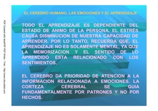 EL CEREBRO HUMANO, LAS EMOCIONES Y EL APRENDIZAJE
PDF Created with deskPDF PDF Writer - Trial :: http://www.docudesk.com




                                                                         TODO EL APRENDIZAJE ES DEPENDIENTE DEL
                                                                         ESTADO DE ANIMO DE LA PERSONA. EL ESTRÉS
                                                                         CAUSA DISMINUCION DE NUESTRA CAPACIDAD DE
                                                                         APRENDER. POR LO TANTO, RECUERDA QUE, EL
                                                                         APRENDIZAJE NO ES SOLAMENTE MENTAL, YA QUE
                                                                         LA MEMORIZACION Y EL SENTIDO DE LO
                                                                         APRENDIDO ESTA RELACIONADO CON LOS
                                                                         SENTIMIENTOS.

                                                                         EL CEREBRO DA PRIORIDAD DE ATENCION A LA
                                                                         INFORMACION RELACIONADA A EMOCIONES. LA
                                                                         CORTEZA      CEREBRAL       SE      GUIA
                                                                         FUNDAMENTALMENTE POR PATRONES Y NO POR
                                                                         HECHOS.
 