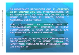 ES IMPORTANTE RECONOCER QUE, EL CEREBRO
PDF Created with deskPDF PDF Writer - Trial :: http://www.docudesk.com




                                                                         ES UN ORGANO VIVO QUE, PROBABLEMENTE, EN
                                                                         SU FLEXIBILIDAD, SE PONE EN FUNCION DE LA
                                                                         MENTE Y DE TODO EL AMBITO SOCIAL Y
                                                                         AMBIENTAL QUE LE RODEA.

                                                                         POR   LO  TANTO,    ES   POSIBLE QUE LA
                                                                         REORGANIZACION DEL CEREBRO SE LLEVE
                                                                         CONTINUAMENTE A CABO EN BASE A LAS
                                                                         NECESIDADES DE LA MENTE HUMANA.

                                                                         ES NECESARIO DECIR QUE, PARA COMPRENDER EL
                                                                         FUNCIONAMIENTO DE LA MENTE HUMANA, ES
                                                                         IMPORTANTE FORMULAR MAS PREGUNTAS COMO
                                                                         LAS SIGUIENTES:
 