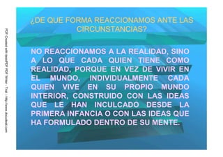 ¿DE QUE FORMA REACCIONAMOS ANTE LAS
                                                                                   CIRCUNSTANCIAS?
PDF Created with deskPDF PDF Writer - Trial :: http://www.docudesk.com




                                                                         NO REACCIONAMOS A LA REALIDAD, SINO
                                                                         A LO QUE CADA QUIEN TIENE COMO
                                                                         REALIDAD, PORQUE EN VEZ DE VIVIR EN
                                                                         EL MUNDO, INDIVIDUALMENTE CADA
                                                                         QUIEN VIVE EN SU PROPIO MUNDO
                                                                         INTERIOR, CONSTRUIDO CON LAS IDEAS
                                                                         QUE LE HAN INCULCADO DESDE LA
                                                                         PRIMERA INFANCIA O CON LAS IDEAS QUE
                                                                         HA FORMULADO DENTRO DE SU MENTE.
 