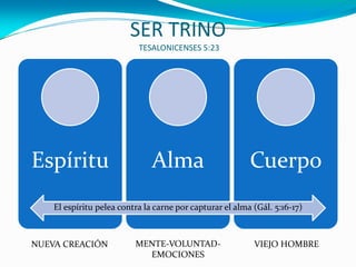 SER TRINO
TESALONICENSES 5:23
Espíritu Alma Cuerpo
NUEVA CREACIÓN MENTE-VOLUNTAD-
EMOCIONES
VIEJO HOMBRE
El espíritu pelea contra la carne por capturar el alma (Gál. 5:16-17)
 