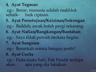 4. Ayat Tegasan
eg:- Benar, manusia adalah makhluk
sebaik- baik ciptaan.
5. Ayat Persetujuan/Keizinan/Sokongan
eg:- Baiklah, awak boleh pergi sekarang.
6. Ayat Nafian/Bangkangan/Bantahan
eg:- Saya tidak pernah berkata begitu.
7. Ayat Sangsian
eg:- Benarkah semua bangau putih?
8. Ayat Cerita
eg:- Pada suatu hari, Pak Pandir terlupa
akan apa yang dia lakukan.
 
