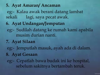 5. Ayat Amaran/ Ancaman
eg:- Kalau awak berani datang lambat
sekali lagi, saya pecat awak.
6. Ayat Undangan/Jemputan
eg:- Sudilah datang ke rumah kami apabila
musim durian nanti.
7. Ayat Silaan
eg:- Jemputlah masuk, ayah ada di dalam.
8. Ayat Gesaan
eg:- Cepatlah bawa budak ini ke hospital,
sebelum sakitnya bertambah teruk.
 