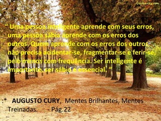 “ Uma pessoa inteligente aprende com seus erros,
 uma pessoa sábia aprende com os erros dos
 outros. Quem aprende com os erros dos outros,
 não precisa acidentar-se, fragmentar-se e ferir-se,
 pelo menos com frequência. Ser inteligente é
 importante, ser sábio é essencial. “



:* AUGUSTO CURY, Mentes Brilhantes, Mentes
  Treinadas. - Pág.22
 