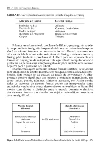 158 / JOÃO DE FERNANDES TEIXEIRA


          .
TABELA B.1. Correspondência entre sistema formal e máquina de Turing

            Máquina de Turing                  Sistema Formal
            Símbolos na fita                   Alfabeto
            Padrão da fita                     Conjunto de símbolos
            Dados de input                     Axiomas
            Instrução do Programa              Regras de inferência
            Output                             Teorema


     Falamos anteriormente do problema de Hilbert, que pergunta se exis-
te um procedimento algorítmico para decidir se uma determinada expres-
são é ou não um teorema de um sistema formal. Usando as correspon-
dências da tabela acima entre máquinas de Turing e sistemas formais,
Turing pôde traduzir o problema de Hilbert para seu equivalente em
termos de linguagem de máquinas. Este equivalente computacional é o
problema da parada, cuja solução negativa implica também uma solução
negativa para o problema de Hilbert.
     Examinemos agora como um sistema formal (sintático) se relaciona
com um mundo de objetos matemáticos aos quais estão associados signi-
ficados. Esta relação se dá através da noção de interpretação. A inter-
pretação confere significado aos objetos e entidades matemáticas, tais
como linhas, pontos, números, símbolos abstratos, etc. Assim sendo,
todos os teoremas do sistema formal podem ser interpretados como
enunciados verdadeiros acerca desses objetos matemáticos. A Figura B-1
mostra com clareza a distinção entre o mundo puramente sintático
dos sistemas formais e o mundo dos objetos matemáticos, associados
com um significado.


          Mundo Formal                                  Mundo Matemático
            (Sintaxe)                                     (Semântica)


        Símbolos/Expressões                                  Aritmética
             Axiomas               ⇐ Dicionário ⇒            Geométrica
        Regras de Inferência                                  Análise

                 ⇓                                               ⇓
             Teoremas                                  Verdades Matemáticas


Figura B-1. O Mundo da Matemática e o Mundo Formal (adaptado de Casti, 1996, p. 157).
 