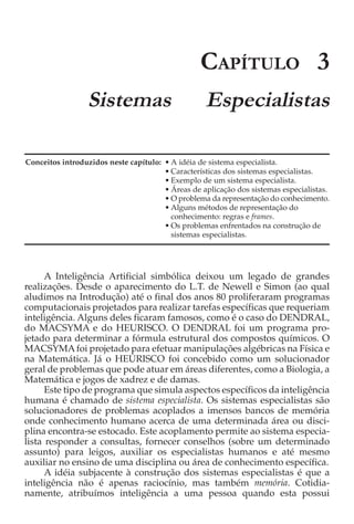 CAPÍTULO 3
                 Sistemas                          Especialistas

Conceitos introduzidos neste capítulo: • A idéia de sistema especialista.
                                       • Características dos sistemas especialistas.
                                       • Exemplo de um sistema especialista.
                                       • Áreas de aplicação dos sistemas especialistas.
                                       • O problema da representação do conhecimento.
                                       • Alguns métodos de representação do
                                         conhecimento: regras e frames.
                                       • Os problemas enfrentados na construção de
                                         sistemas especialistas.




      A Inteligência Artificial simbólica deixou um legado de grandes
realizações. Desde o aparecimento do L.T. de Newell e Simon (ao qual
aludimos na Introdução) até o final dos anos 80 proliferaram programas
computacionais projetados para realizar tarefas específicas que requeriam
inteligência. Alguns deles ficaram famosos, como é o caso do DENDRAL,
do MACSYMA e do HEURISCO. O DENDRAL foi um programa pro-
jetado para determinar a fórmula estrutural dos compostos químicos. O
MACSYMA foi projetado para efetuar manipulações algébricas na Física e
na Matemática. Já o HEURISCO foi concebido como um solucionador
geral de problemas que pode atuar em áreas diferentes, como a Biologia, a
Matemática e jogos de xadrez e de damas.
      Este tipo de programa que simula aspectos específicos da inteligência
humana é chamado de sistema especialista. Os sistemas especialistas são
solucionadores de problemas acoplados a imensos bancos de memória
onde conhecimento humano acerca de uma determinada área ou disci-
plina encontra-se estocado. Este acoplamento permite ao sistema especia-
lista responder a consultas, fornecer conselhos (sobre um determinado
assunto) para leigos, auxiliar os especialistas humanos e até mesmo
auxiliar no ensino de uma disciplina ou área de conhecimento específica.
      A idéia subjacente à construção dos sistemas especialistas é que a
inteligência não é apenas raciocínio, mas também memória. Cotidia-
namente, atribuímos inteligência a uma pessoa quando esta possui
 