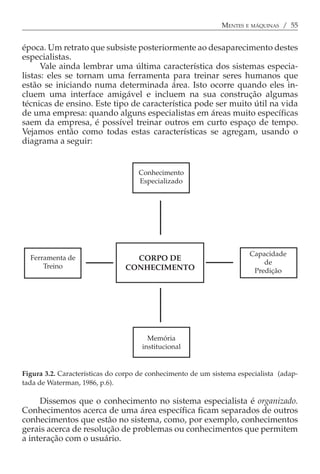 MENTES E MÁQUINAS / 55


época. Um retrato que subsiste posteriormente ao desaparecimento destes
especialistas.
      Vale ainda lembrar uma última característica dos sistemas especia-
listas: eles se tornam uma ferramenta para treinar seres humanos que
estão se iniciando numa determinada área. Isto ocorre quando eles in-
cluem uma interface amigável e incluem na sua construção algumas
técnicas de ensino. Este tipo de característica pode ser muito útil na vida
de uma empresa: quando alguns especialistas em áreas muito específicas
saem da empresa, é possível treinar outros em curto espaço de tempo.
Vejamos então como todas estas características se agregam, usando o
diagrama a seguir:


                                    Conhecimento
                                    Especializado




                                                                       Capacidade
  Ferramenta de                   CORPO DE
                                                                           de
      Treino                    CONHECIMENTO                            Predição




                                       Memória
                                     institucional


Figura 3.2. Características do corpo de conhecimento de um sistema especialista (adap-
tada de Waterman, 1986, p.6).

     Dissemos que o conhecimento no sistema especialista é organizado.
Conhecimentos acerca de uma área específica ficam separados de outros
conhecimentos que estão no sistema, como, por exemplo, conhecimentos
gerais acerca de resolução de problemas ou conhecimentos que permitem
a interação com o usuário.
 