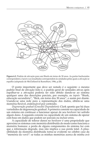 MENTES E MÁQUINAS / 95




Figura 6.2. Padrão de ativação para um Shark em torno de 30 anos. As partes hachuradas
correspondem a inputs e as ressaltadas correspondem às unidades pelas quais a ativação se
espalha (adaptada de McClelland & Rumelhart, 1986, p.28).

      O ponto importante que deve ser notado é o seguinte: o mesmo
padrão final de ativação (isto é, o padrão geral de unidades ativas após
espalhar-se a ativação) poderia ter sido obtido dando-se ao sistema
qualquer uma das descrições parciais, por exemplo, os inputs “Shark,
educação secundária”, “Rick, em torno dos 30 anos”, e assim por diante.
Usando-se uma rede para a representação dos dados, obtém-se uma
memória flexível, endereçável por conteúdo.
      Degeneração gradual (Graceful Degradation): Clark aponta que há duas
variedades de degeneração gradual. A primeira consiste na capacidade de
um sistema em continuar a funcionar apesar de seu hardware ter sofrido
algum dano. A segunda consiste na capacidade de um sistema de operar
com base em dados que podem ser parciais ou incluir erros.
      A capacidade de tolerar danos no hardware é uma propriedade que
aproxima os sistemas com memória distribuída do modo como funciona a
memória humana: a perda de alguns componentes do sistema faz com
que a informação degrade, mas não implica a sua perda total. A plau-
sibilidade da memória distribuída torna-se evidente no célebre caso da
“memória da vovó”: se todas as minhas memórias acerca de minha avó
 