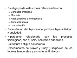 La motivaciónEstimulación del hipocampo produce hiperactividad y ansiedadHipotálamo relacionado con los procesos fisiológicos, con el SNA, secreción endocrina.Estructura antigua del cerebroExperimentos de Kluver y Bucy (Extirpación de los lóbulos temporales y estructuras límbicos)