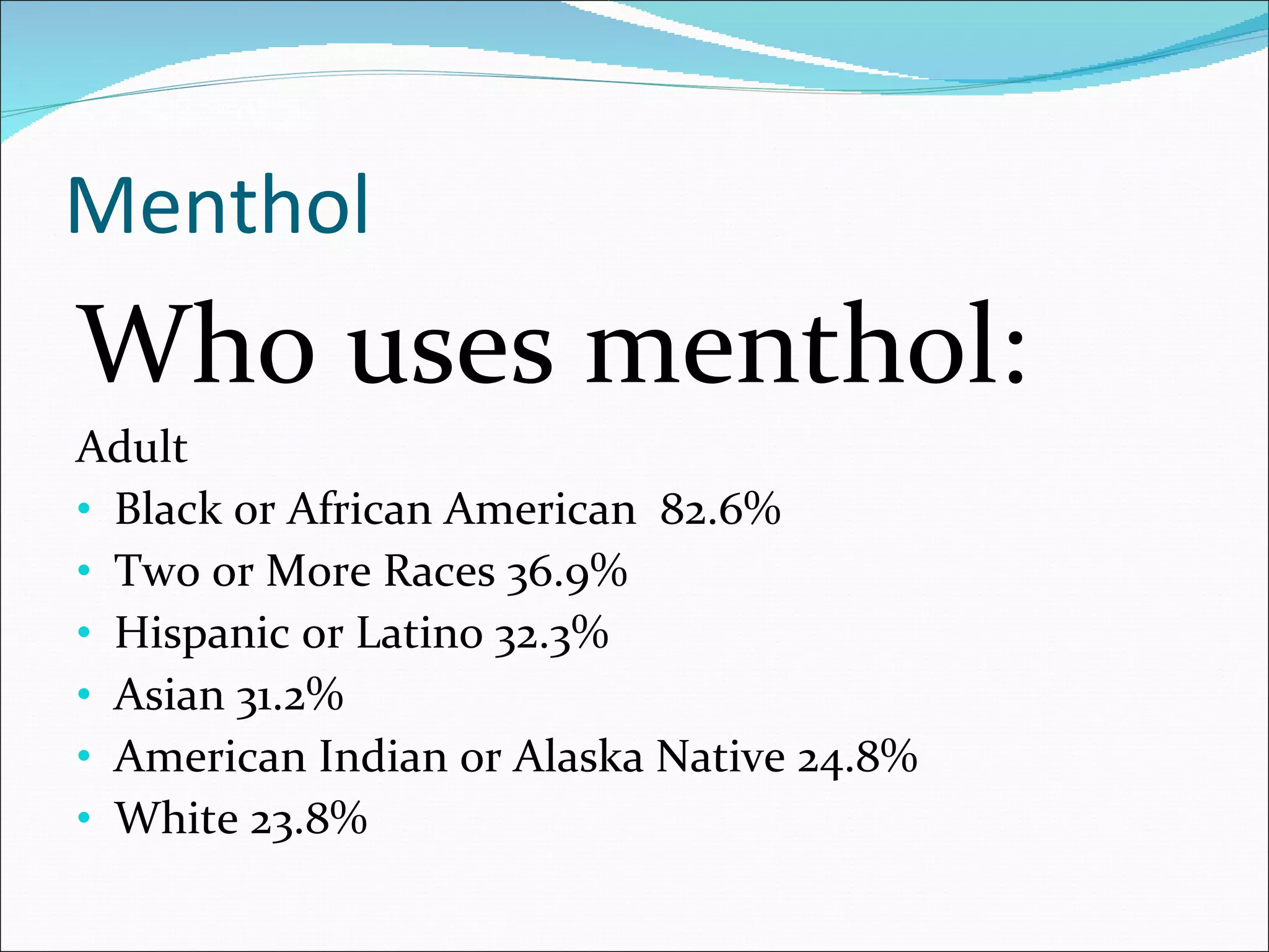 Menthol Who uses menthol: Adult Black or African American  82.6% Two or More Races 36.9% Hispanic or Latino 32.3% Asian 31.2% American Indian or Alaska Native 24.8% White 23.8% 