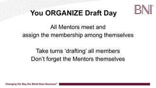 Draft Day
YOU create a Master List (of Mentors/Mentees)
YOU ASSIGN NEW MEMBERS
Give this list to all Mentors
Ask Mentor...