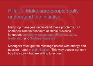 Pillar 1: Make sure people really
understand the initiative
Many top managers understand these problems. But
somehow remain prisoners of sterile business
language: superiority, advantage, efficiency, value,
leadership, and “high-performance”.
Managers must get the message across with energy and
passion – and in plain English. This way people not only
buy the story – but are willing to act on
 