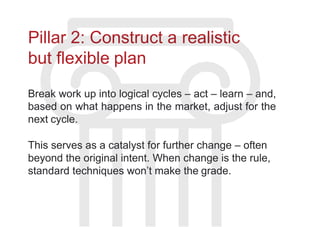 Pillar 2: Construct a realistic
but flexible plan
Break work up into logical cycles – act – learn – and,
based on what happens in the market, adjust for the
next cycle.
This serves as a catalyst for further change – often
beyond the original intent. When change is the rule,
standard techniques won’t make the grade.
 
