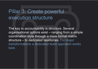 Pillar 3: Create powerful
execution structure
The key to accountability is structure. Several
organisational options exist – ranging from a simple
coordination style through a more formal matrix
structure – to dedicated taskforces. For major
transformations a dedicated team approach works
best.
 