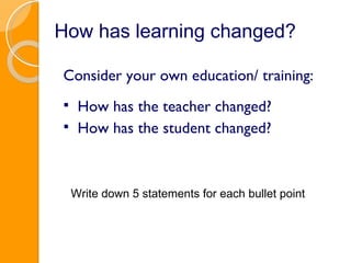   Consider your own education/ training:  How has the teacher changed? How has the student changed? How has learning changed? Write down 5 statements for each bullet point 