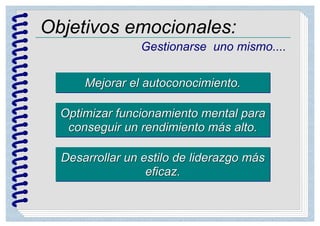 Objetivos emocionales:
Gestionarse uno mismo....
Mejorar el autoconocimiento.Mejorar el autoconocimiento.
Optimizar funcionamiento mental para
conseguir un rendimiento más alto.
Optimizar funcionamiento mental para
conseguir un rendimiento más alto.
Desarrollar un estilo de liderazgo más
eficaz.
Desarrollar un estilo de liderazgo más
eficaz.
 