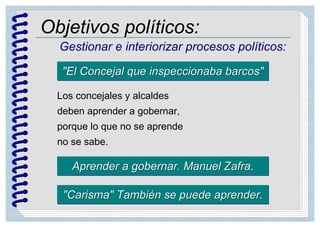 Objetivos políticos:
Gestionar e interiorizar procesos políticos:
"El Concejal que inspeccionaba barcos""El Concejal que inspeccionaba barcos"
Los concejales y alcaldes
deben aprender a gobernar,
porque lo que no se aprende
no se sabe.
Aprender a gobernar. Manuel Zafra.Aprender a gobernar. Manuel Zafra.
"Carisma" También se puede aprender."Carisma" También se puede aprender.
 