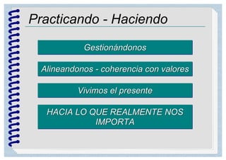 Practicando - Haciendo
GestionándonosGestionándonos
Alineandonos - coherencia con valoresAlineandonos - coherencia con valores
Vivimos el presenteVivimos el presente
HACIA LO QUE REALMENTE NOS
IMPORTA
HACIA LO QUE REALMENTE NOS
IMPORTA
 