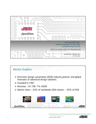 © 2014 Mentor Graphics Corp.
www.mentor.com1
The Lean NPI Flow:
Seamless Integration of PCB Design
& Manufacturing Processes
Better for Design, Better for Manufacturing
David Wiens & Michael Ford
Mentor Graphics
www.mentor.com
© 2014 Mentor Graphics Corp. Company Confidential
Mentor Graphics
2
 Electronic design automation (EDA) industry pioneer and global
innovator of advanced design solutions
 Founded in 1981
 Revenue ~$1.15B; 7% CAGR
 Market share ~23% of worldwide EDA market; ~45% of PCB
Source: EDAC Market Statistics
 