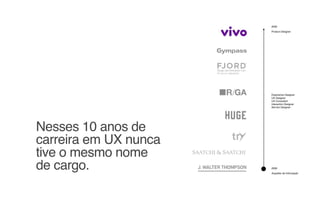 Nesses 10 anos de
carreira em UX nunca
tive o mesmo nome
de cargo. 2009
Arquiteto de Informação
Experience Designer 
UX Designer 
UX Consultant 
Interaction Designer 
Service Designer
2020
Product Designer
 