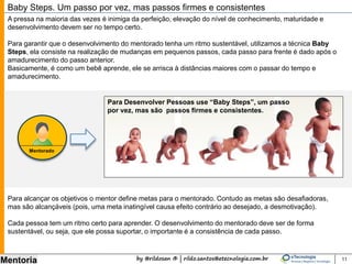 by @rildosan ® | rildo.santos@etecnologia.com.br
Mentoria
A aprendizagem compreende o processo pelo qual o conhecimento é criado, através da transformação da
experiência, esse processo é definido pelo Ciclo de Aprendizado Experiencial de David Kolb que estabelece
quatro estilos distintos de aprendizados. Aplicamos este ciclo para identificar o estilo de aprendizagem mais
adequado para mentorado.
11
Ciclo de Aprendizado. Cada um tem estilo preferido de aprendizado
Experiência Concreta (EC)
Aprende fazendo, colocando a mão na massa
Conceituação Abstrata (CA)
Aprende questionando e debatendo
Experiência Ativa (EA)
Aprende testando e
experimentando
Observação Reflexiva (OR)
Aprende observando
 