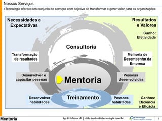 by @rildosan ® | rildo.santos@etecnologia.com.br
Mentoria
Mentoria
Nossos Serviços
Treinamento
Consultoria
Desenvolver a
Maturidade
Desenvolver
habilidades
Profissionais
competentes e
maduros
Pessoas
habilitadas
Necessidades e
Expectativas
eTecnologia oferece um conjunto de serviços com objetivo de transformar e gerar valor para as organizações:
Resultados
e Valores
Ganhos:
Eficiência
e Eficácia
Ganho:
Efetividade
3
Transformação
de resultados
Melhoria de
Desempenho da
Empresa
 