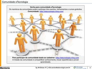 by @rildosan ® | rildo.santos@etecnologia.com.br
Mentoria
Mentoria para
Empreendedores
Mentoria
Treinamento
Consultoria
Serviços
33
Mentoria
Escolha a abordagem da Mentoria:
Entre em contato conosco:
rildo.santos@etecnologia.com.br
etecnologia@etecnologia.com.br
www.etecnologia.com.br/mentoria
skype: rildofsantos
1ª 2ª 3ª
Mentoria de Negócio
Mentoria para
Desenvolvimento do
Nível de Maturidade
 